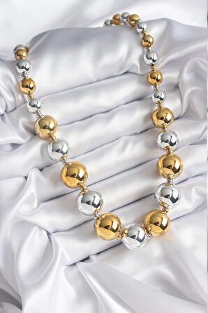 316L Çelik Gümüş Gold Renk Top Model Kadın Kolye - TJ-BKO8206
