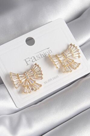 Pirinç Gold Renk Zirkon Taşlı Kurdele Model Kadın Küpe - TJ-BKP8599