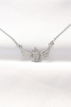 316L Çelik Silver Renk Zirkon Taşlı Kalpli Kanat Kolye - TJ-BKO8515