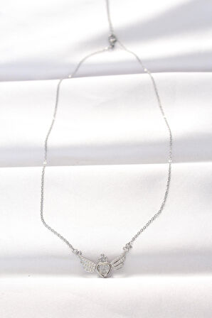 316L Çelik Silver Renk Zirkon Taşlı Kalpli Kanat Kolye - TJ-BKO8515