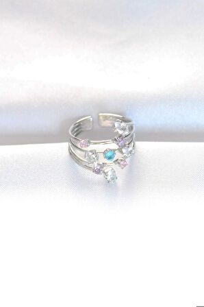 Renkli Zirkon Taşlı Silver Renk Ayarlanabilir Yüzük - TJ-BYK3127
