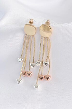 Pirinç Gold Renk Düz Plaka Renkli Kalp Detay Küpe - TJ-BKP8911