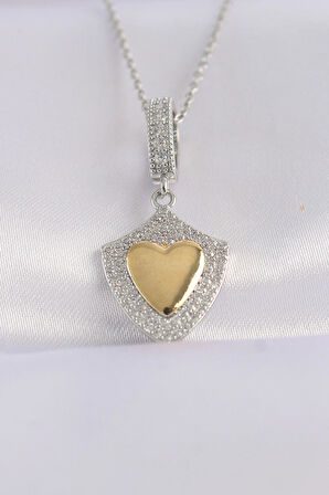 316L Çelik Zincir Gümüş Renk Zirkon Taşlı Tasarım Altın Renk Kalp Kolye - TJ-BKO8661