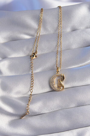 316L Çelik Zincir Gold Renk Kuş Figürlü Zirkon Taşlı Ay Tasarımlı Kolye - TJ-BKO8763