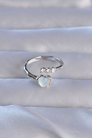 Pirinç Gümüş Renk Zirkon Taşlı Sedefli Kalp Model Ayarlanabilir Yüzük - TJ-BYK3232