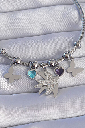 316L Çelik Gümüş Renk Zirkon Taşlı Kuş Tasarımlı Kelebek Detay Charm Bileklik - TJ-BB6194