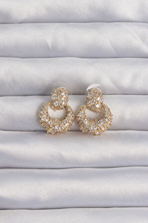 Pirinç Gold Renk Zirkon Taşlı Oval Form Küpe - TJ-BKP9273