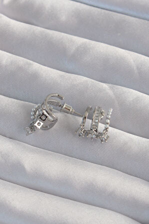 Pirinç Gümüş Renk İncili Çoklu Zirkon Taşlı Yarım Halka Küpe - TJ-BKP9316