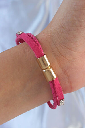 Pembe Renk Zirkon Taşlı Deri Çoklu Bileklik - TJ-BB6352