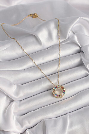 316L Çelik Gold Renk Zincir Renkli Zirkon Taşlı Xoxo Model Kadın Kolye - TJ-BKO9628
