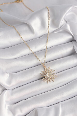 316L Çelik Gold Renk Zincir Renkli Zirkon Taşlı Sedefli Ay İşleme Detay Kadın Kolye - TJ-BKO9630