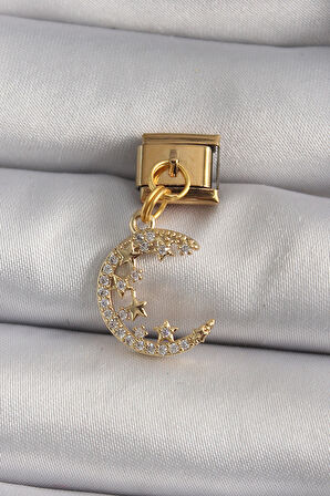 316L Çelik Gold Renk Sallantı Zirkon Taşlı Hilal Model Nomination Charm - TJ-BC1192