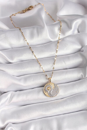 316L Çelik Mix Renk Zincir Zirkon Taşlı Gün Doğumu/Batımı Madalyon Model Kadın Kolye - TJ-BKO9514