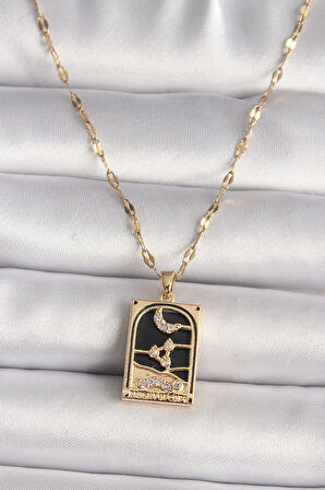 316L Çelik Gold Renk Zirkon Taşlı Ay Figürlü Tarot Model Kadın Kolye - TJ-BKO9686