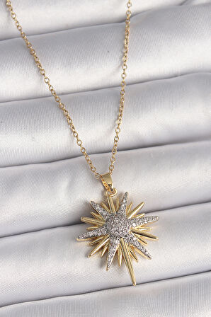 316L Çelik Gold Renk Zincir Zirkon Taşlı Kuzey Yıldızı Model Kadın Kolye - TJ-BKO9761