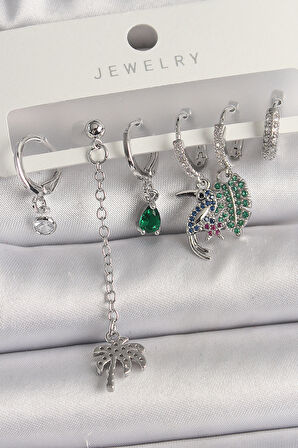 Pirinç Gümüş Renk Sallantı Zirkon Taşlı Ağaç Figür Çoklu Kadın Küpe Seti - TJ-BKP10119
