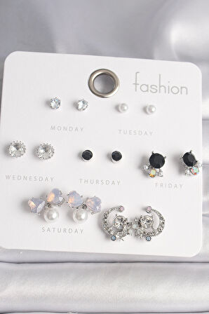 Pirinç Gümüş Renk Zirkon Taşlı Fiyonk Figür İnci Detay 7 Çift Kadın Küpe Seti - TJ-BKP10140