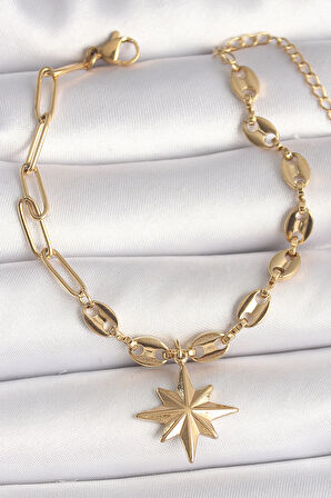 316L Çelik Gold Renk Arpa Zincir Model Sallantı Kutup Yıldız Figür Kadın Bileklik - TJ-BB6769