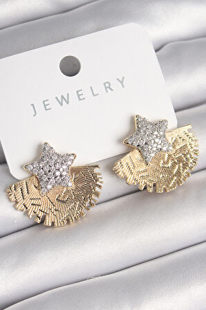 Pirinç Gold Renk İşleme Detaylı Yelpaze Zirkon Taşlı Yıldız Model Kadın Küpe - TJ-BKP10209