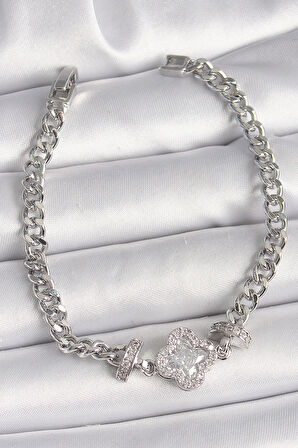 Pirinç Gümüş Renk Zirkon Taşlı Yonca Figür Zincir Model Kadın Bileklik - TJ-BB6819