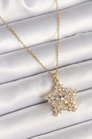 316L Çelik Gold Renk Zincir Zirkon Taşlı Kar Tanesi Model Kadın Kolye - TJ-BKO9895