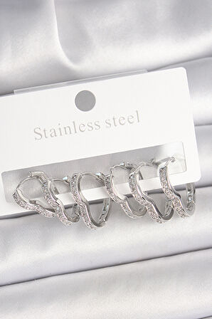 Pirinç Gümüş Renk Zirkon Taşlı 3 Çift Kalp Model Kadın Küpe - TJ-BKP10333