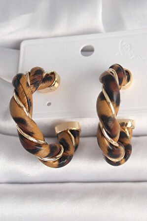 Pirinç Gold Renk Sarmal Halka Leopar Desen Model Kadın Küpe - TJ-BKP10345