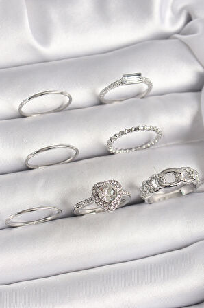 Pirinç Gümüş Renk Zirkon Taşlı Kalp Model Kadın Yüzük Kombini - TJ-BYK3661