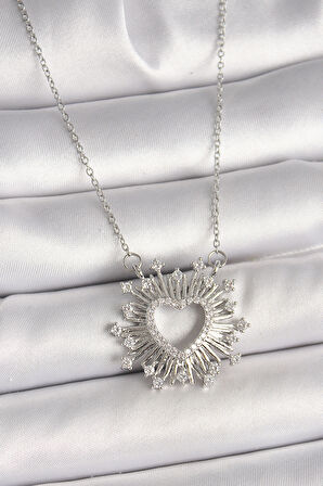 316L Çelik Gümüş Renk Zirkon Taşlı Kalp Model Kadın Kolye - TJ-BKO9919