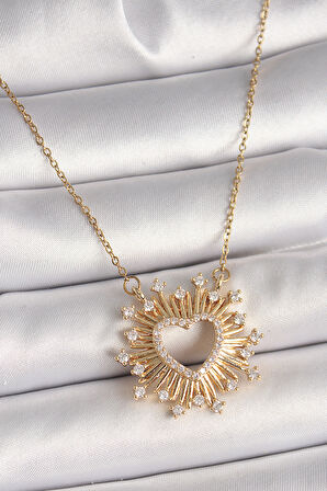 316L Çelik Gold Renk Zirkon Taşlı Kalp Model Kadın Kolye - TJ-BKO9920