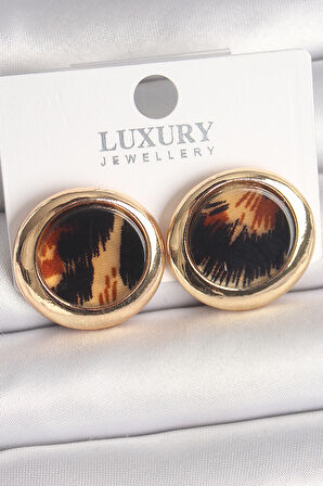 Pirinç Gold Renk Leopar Desen Daire Model Kadın Küpe - TJ-BKP10371