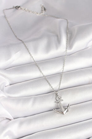 316L Çelik Gümüş Renk Zincir Zirkon Taş Detaylı Çapa Model Kadın Kolye - TJ-BKO9951