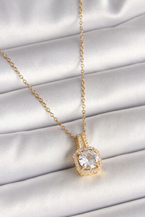 316L Çelik Gold Renk Zincir Zirkon Taşlı Kare Model Kadın Kolye - TJ-BKO9956