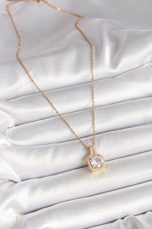 316L Çelik Gold Renk Zincir Zirkon Taşlı Kare Model Kadın Kolye - TJ-BKO9956