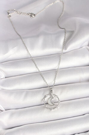 316L Çelik Gümüş Renk Zincir Zirkon Taşlı Beyaz Mineli Hilal Model Kadın Kolye - TJ-BKO9972