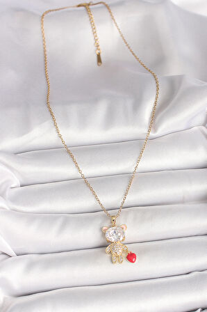 316L Çelik Gold Renk Zincir Zirkon Taşlı Ayıcık Model Kırmızı Kalp Detay Kadın Kolye - TJ-BKO9986