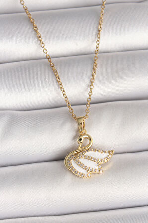316L Çelik Gold Renk Zincir Zirkon Taşlı Kuğu Model Kadın Kolye - TJ-BKO9996