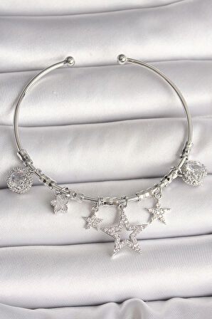Pirinç Gümüş Renk Sallantı Zirkon Taşlı Yıldız Figür Charm Kadın Bileklik - TJ-BB6904