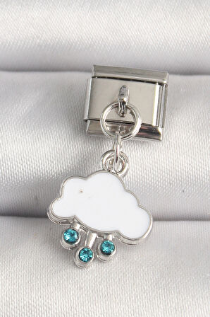 316L Çelik Gümüş Renk Beyaz Bulut Model Zirkon Taşlı Damla Detay Nomination Charm - TJ-BC1221