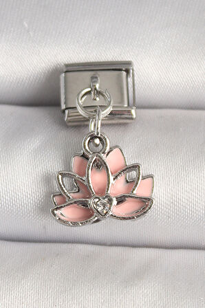316L Çelik Gümüş Renk Pembe Lotus Model Zirkon Taş Detaylı Nomination Charm - TJ-BC1274