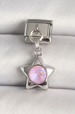 316L Çelik Gümüş Renk Pembe Zirkon Taşlı Yıldız Model Nomination Charm - TJ-BC1287