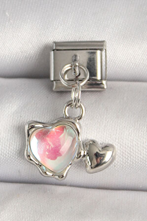 316L Çelik Gümüş Renk Beyaz Mineli Kalp Model Nomination Charm - TJ-BC1307