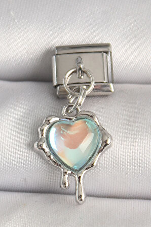 316L Çelik Gümüş Renk Mavi Hologram Mineli Eriyen Kalp Model Nomination Charm - TJ-BC1315
