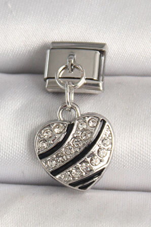 316L Çelik Gümüş Renk Zirkon Taşlı Kalp Model Nomination Charm - TJ-BC1316