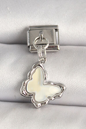 316L Çelik Gümüş Renk Beyaz Kelebek Model Nomination Charm - TJ-BC1320