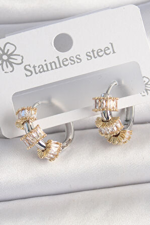 Pirinç Gümüş Renk Halka Gold Zirkon Taşlı Model Kadın Küpe - TJ-BKP10457