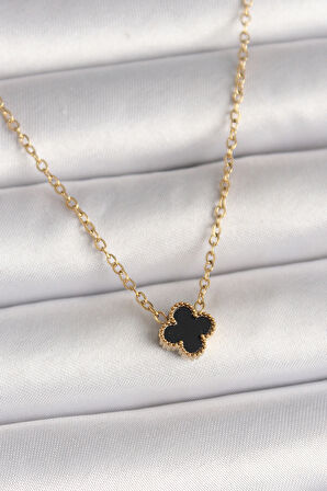 316L Çelik Gold Renk Siyah Yonca Model Kadın Kolye - TJ-BKO10021