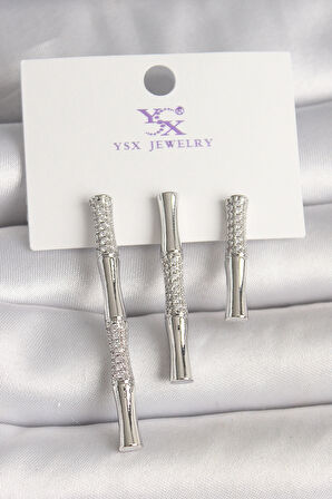 Pirinç Gümüş Renk Zirkon Taşlı Bambu Model 3'Lü Kadın Kombin Küpe - TJ-BKP10462