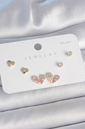 Pirinç Gold Renk Pembe Zirkon Taşlı Kalp Model 925 Ayar Gümüş Çivi Kadın Küpe Seti - TJ-BKP10492