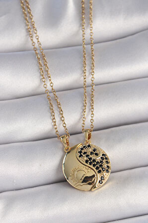 316L Çelik Gold Renk Zincir Zirkon Taşlı Ying Yang Model Gün Batımı İşlemeli Arkadaşlık Kadın Kolye - TJ-BKO10029